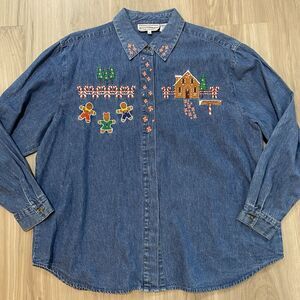 Vtg Westbound Shirt Womens 1X Blue Denim Embroidered Gingerbread House Xmas LS
